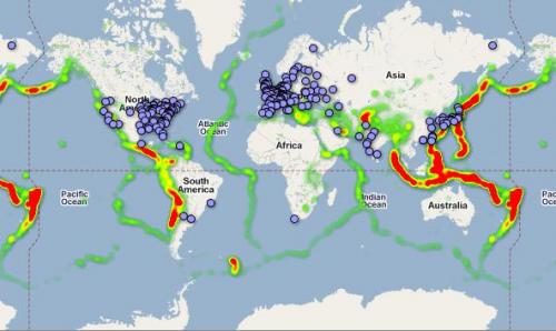 Zonas de riesgo sísmico y volcánico y situación de las centrales nucleares y sus piscinas
